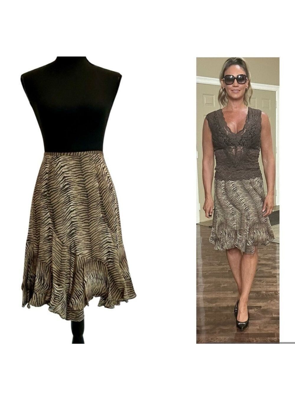 Liz Claiborne brown zebra animal print asymmetrical handkerchief hemline skirt 8